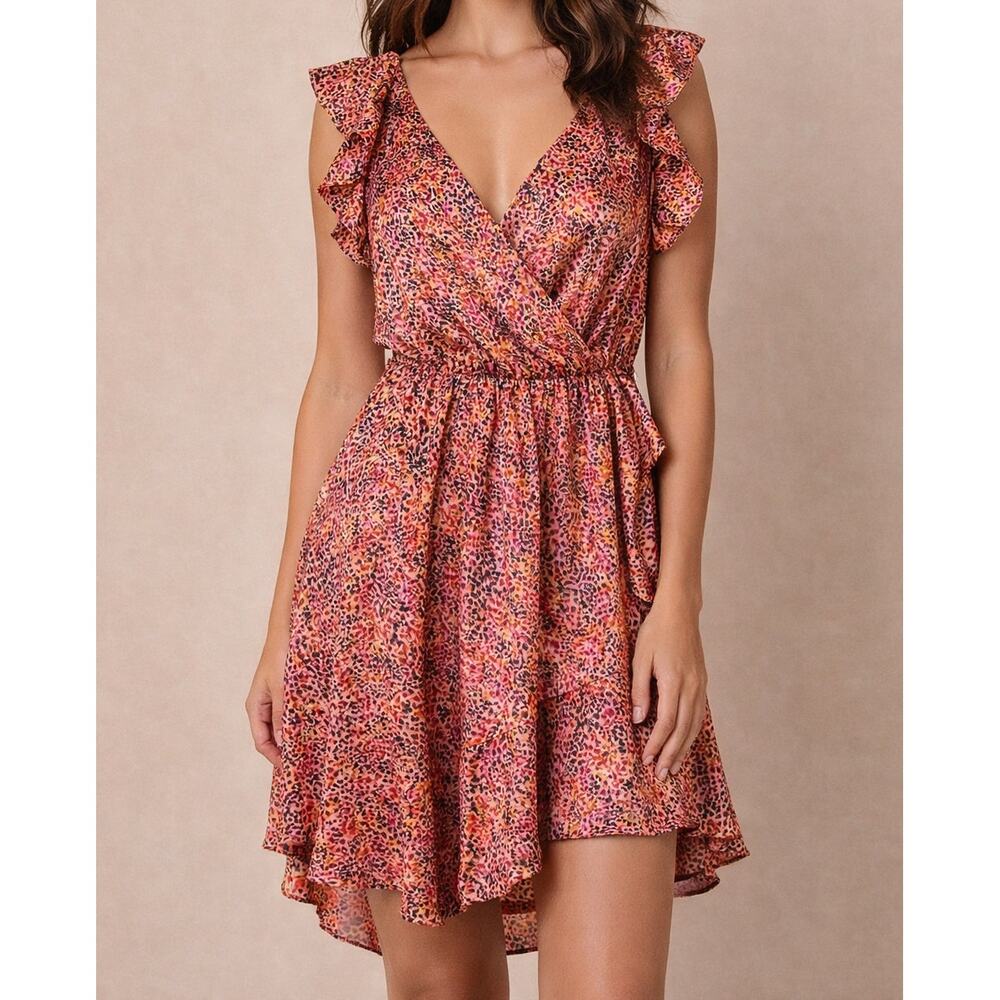 Express Pink Abstract Print Ruffle Faux Wrap Dress Size S/M